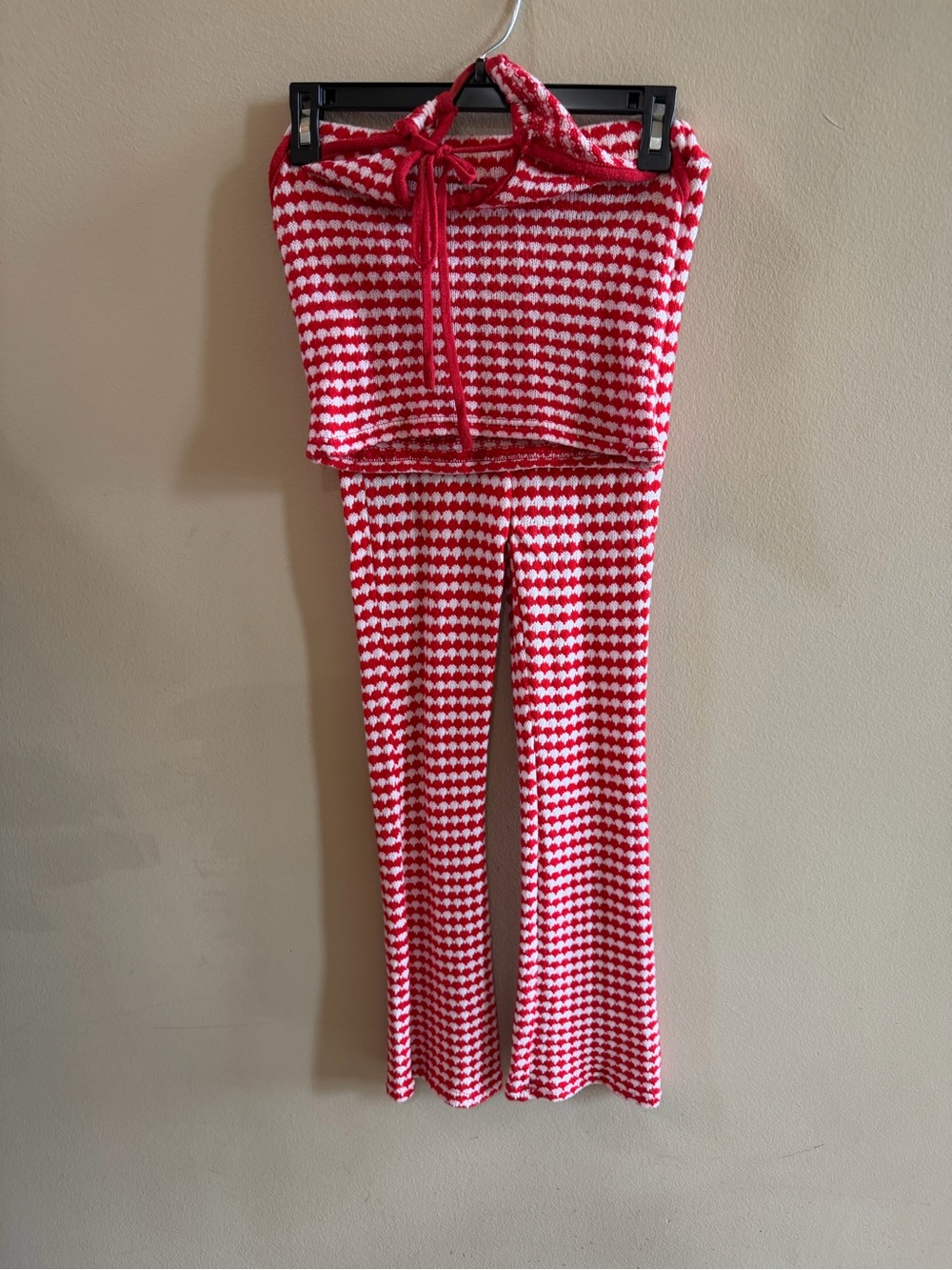 Zara Red and White Cropped Knit Top with Drawstring